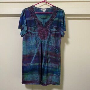 Avenue short sleeve tunic in blues & purples w/sparkles, size 14/16